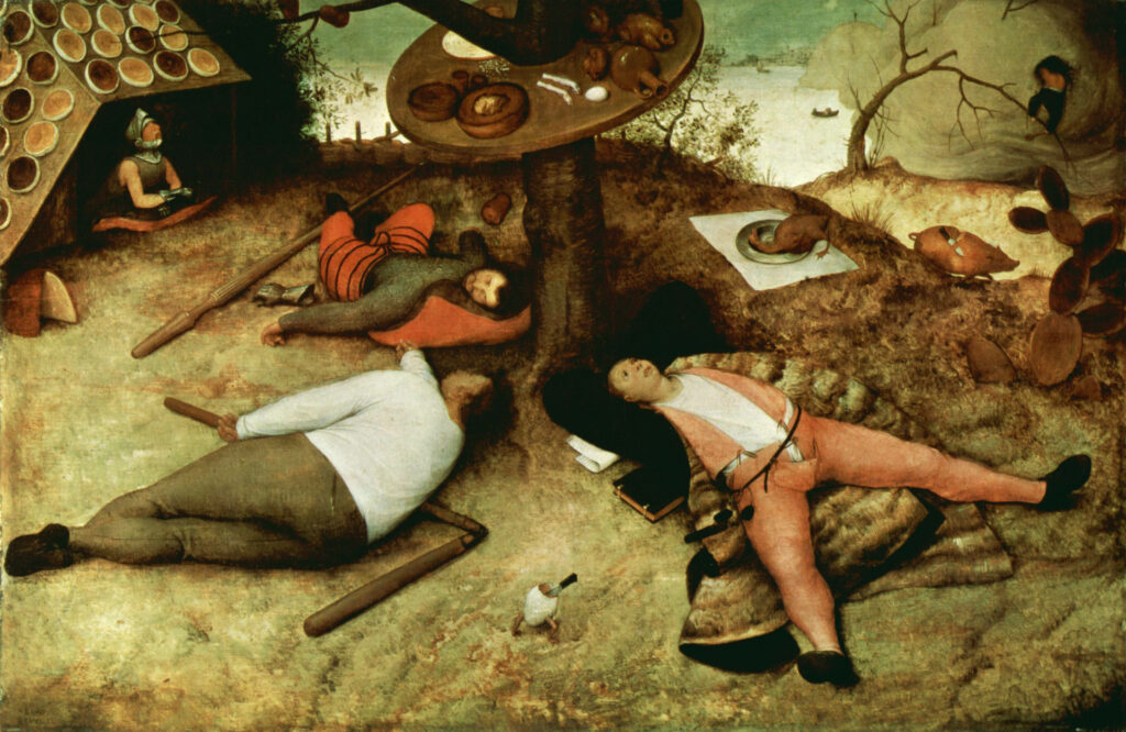 painting featuring three men, sated and lounging, surrounded by huge amounts of easily available food and drink