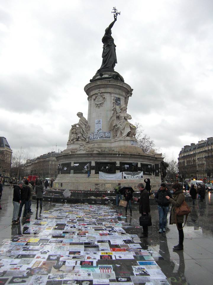 Charlie Hebdo memorial and Marianne statue, Place de la République, 15 January 2015.