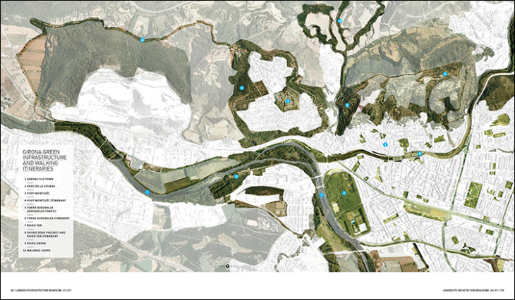 Girona green infrastructure and walking itineraries.